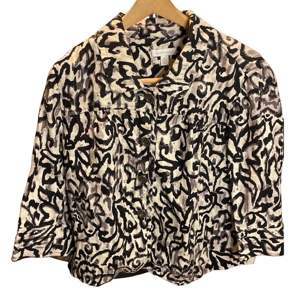 Charter Club Black White Gray Button Down Cropped Swing Linen Jacket Sz XL